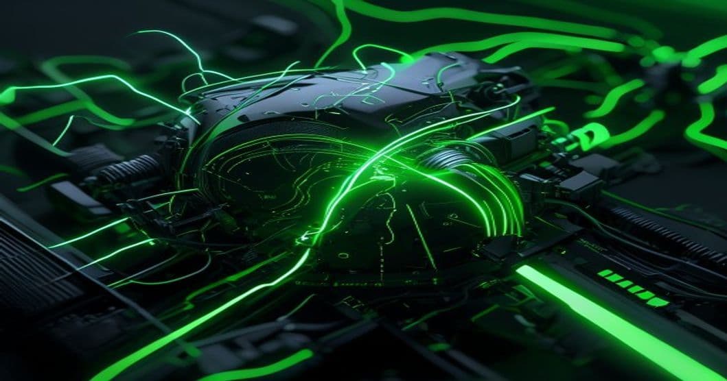 Stylised AI neural core wired into an engine, green on black