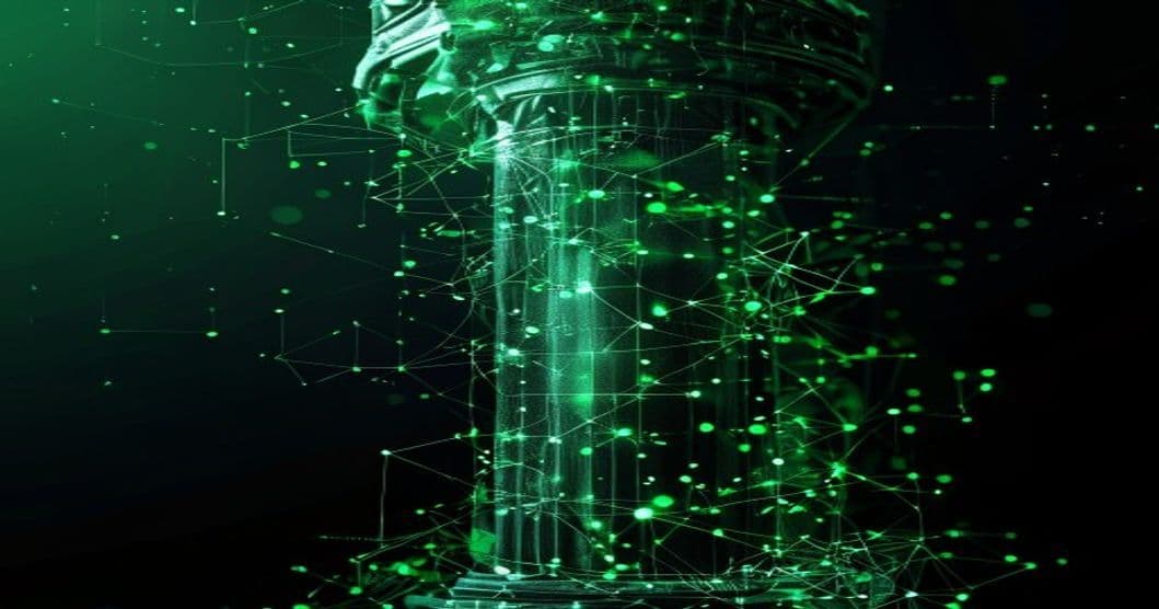 Stylised courthouse column merging into a network of AI nodes, green on black