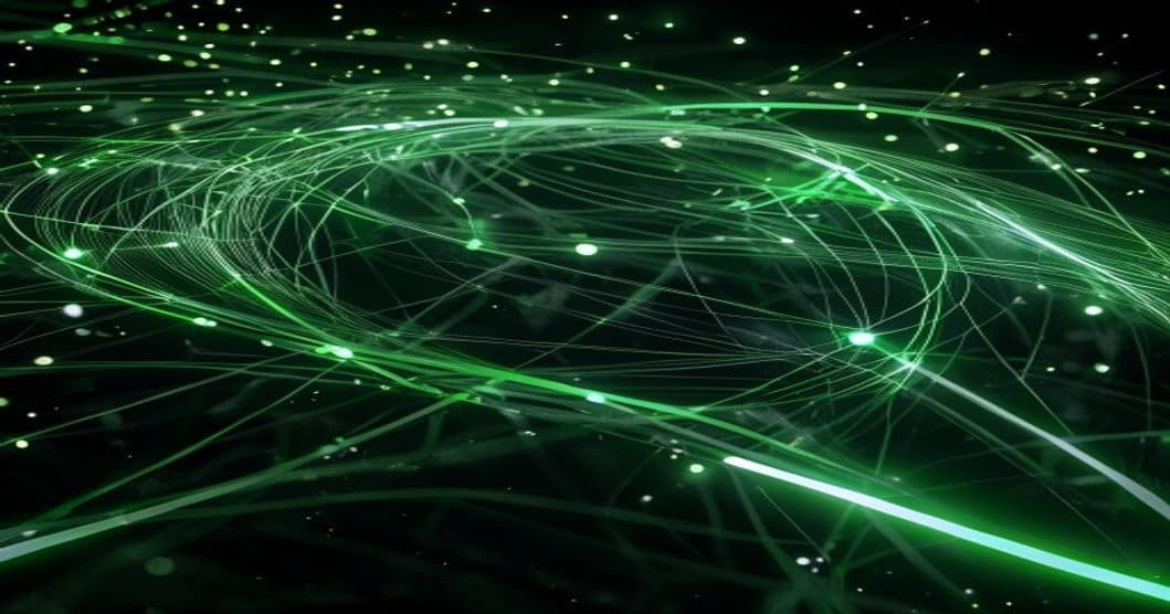 GPUs connected by glowing flow lines forming a loop, green on black