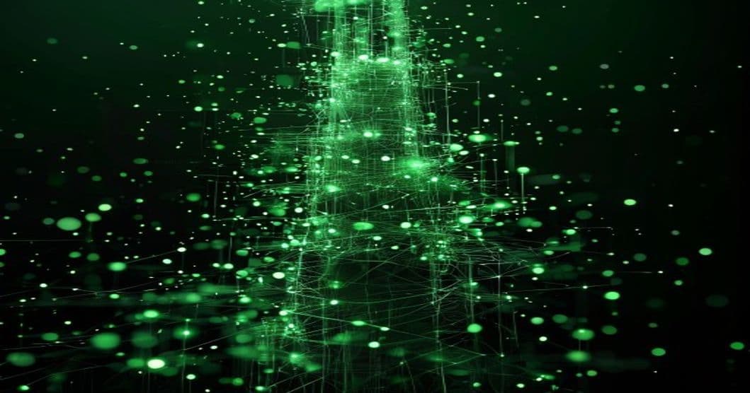 Swarm of glowing nodes assembling around a tower structure, green on black