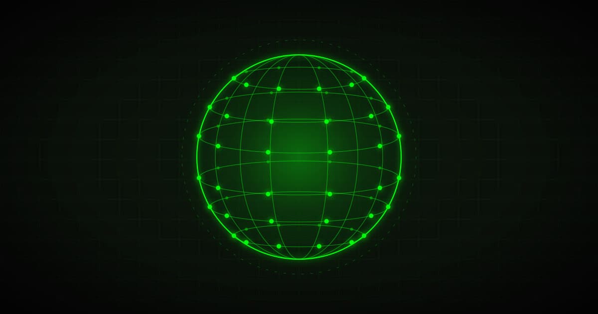 Stylised sphere-shaped neural network with countless nodes, green on black