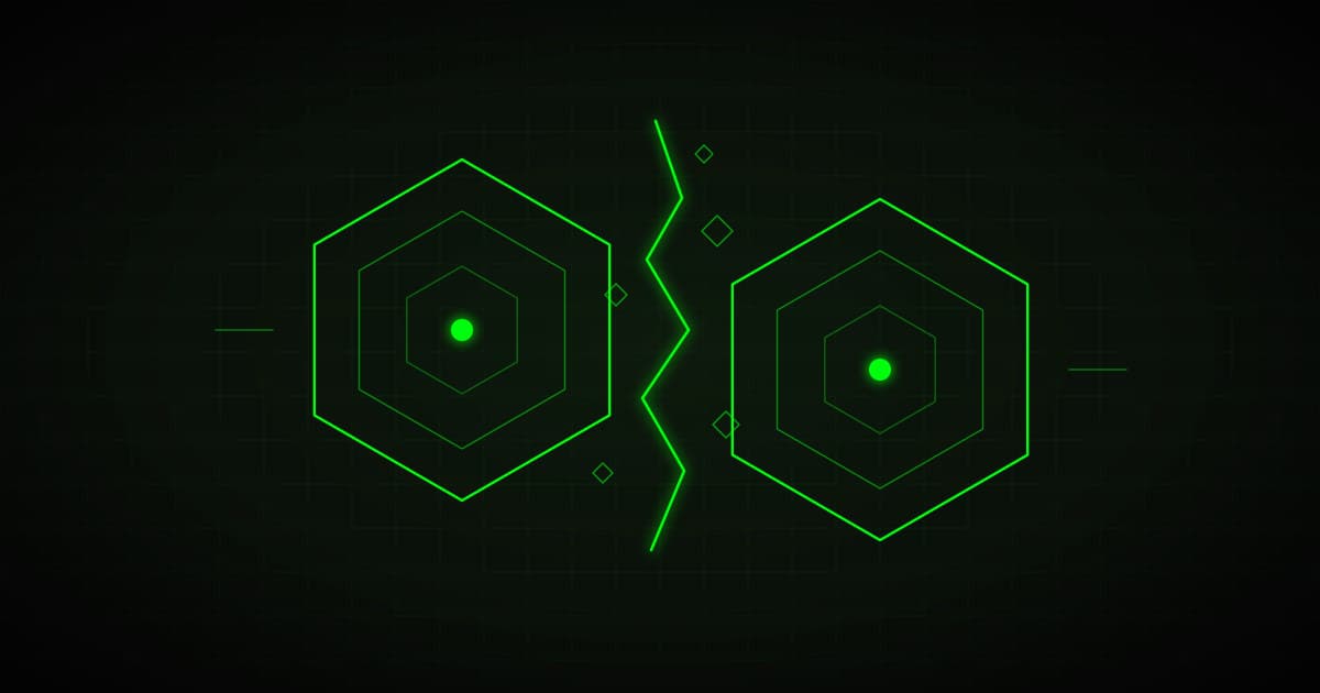 Two interlocking geometric shapes cracking apart and pulling away from each other, green on black