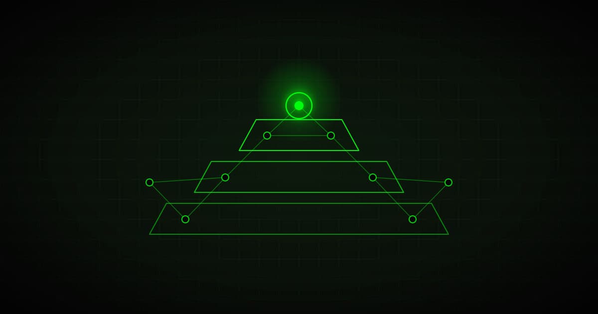 Stylised three-tier pyramid merged with a network of connected nodes, green on black