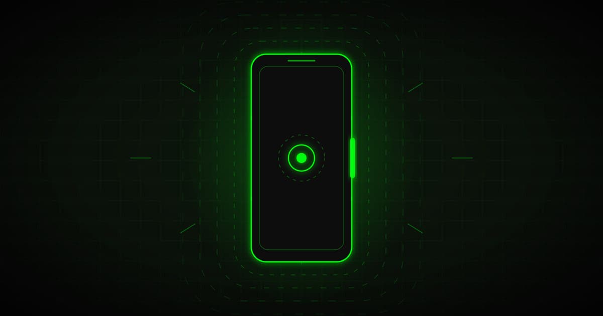 Smartphone silhouette wrapped in a glowing aura, green on black