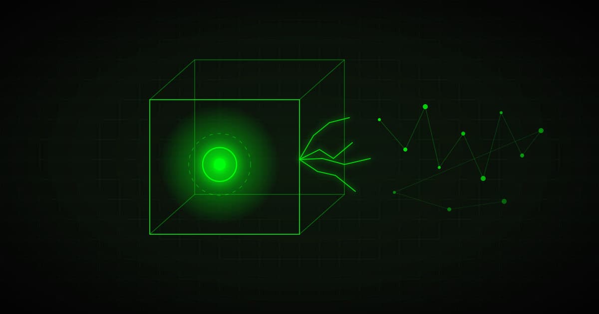 Glowing core inside a wireframe cage, cracks and particles escaping from one side, green on black