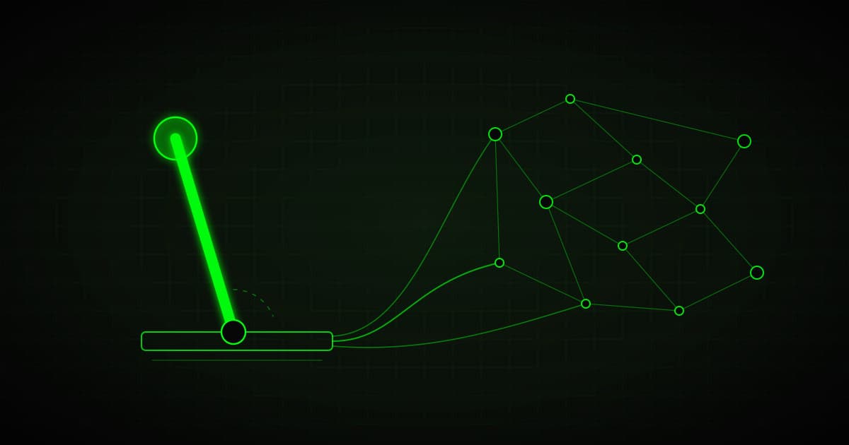 Glowing lever on a base plate, wired to a network of nodes, green on black