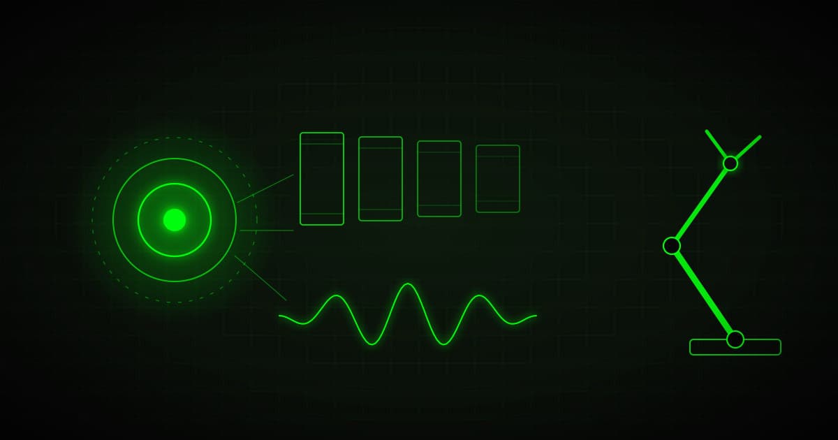 Concentric glowing circles linked to film frames, a sound waveform and an articulated robotic arm, green on black