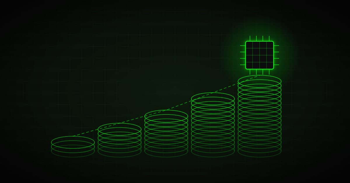 Five rising stacks of silicon discs with a trend line and a glowing chip on top, green on black