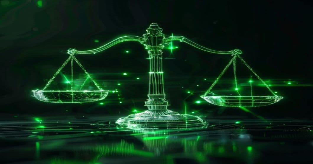 Bilancia stilizzata che pesa una rete AI, verde su nero