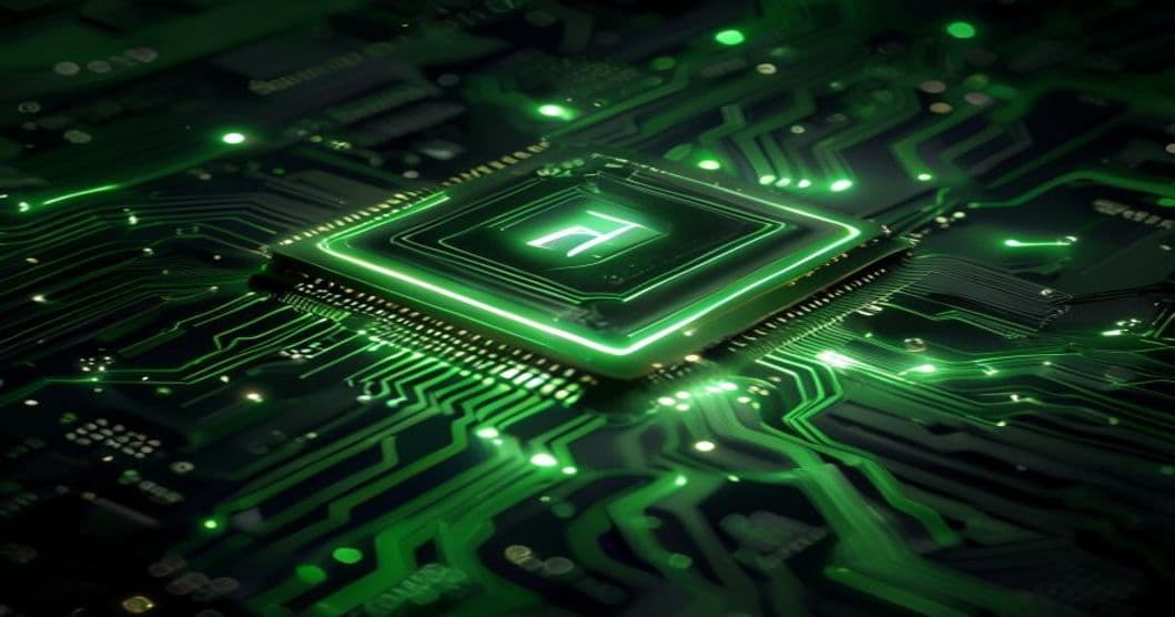 Microchip AI custom su circuito, verde su nero