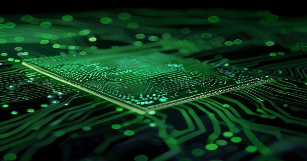 Wafer di silicio con circuiti densi, verde su nero